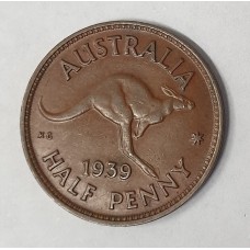 AUSTRALIA 1939 . HALF 1/2 PENNY . ROO . KEY DATE . RE-TONING